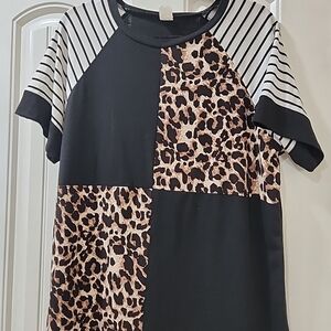 Boutique Leopard and Stripe Patchwork Top Size Large.
